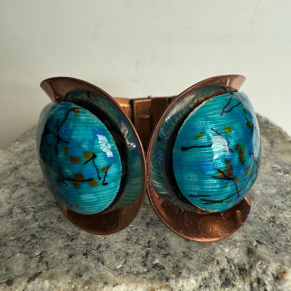 Mid Century Matisse Renoir Copper Enamel Clamper Bracelet